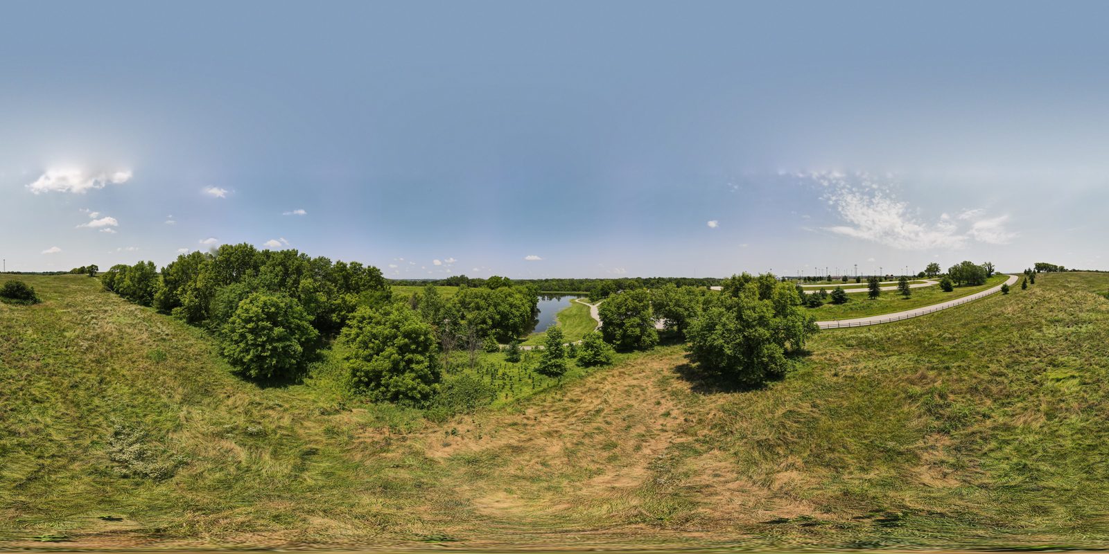 Aerial panorama over the Kansas City metro at dusk